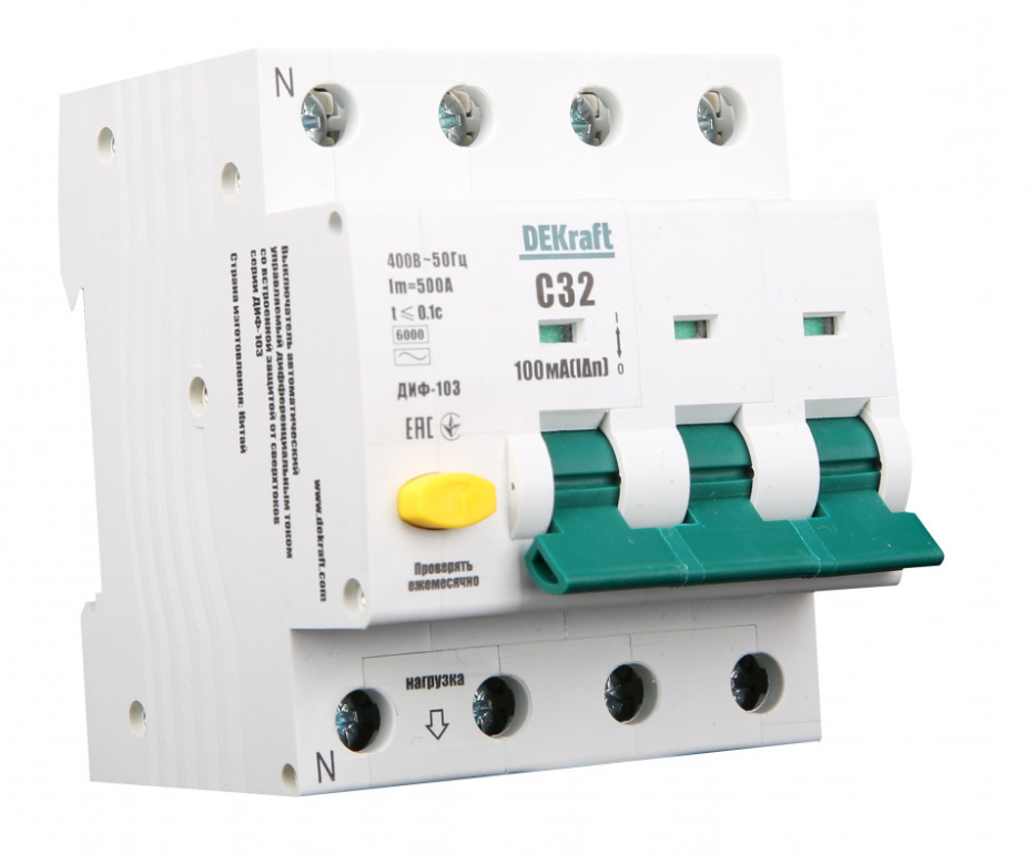 Дифференциальный автомат  3П+N  25А   30мА  DEKraft  тип AC  характеристика С  АВДТ  ДИФ-103  6кА