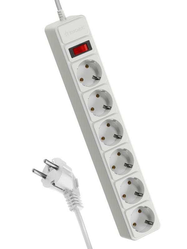 Удлинитель с сетевым фильтром 6х1.8м с заземл. 16А IP20 3.5кВт с предохранителем 3х1 индикатор сети бел. КОСМОС FKsm1.8m-6g(W)16A